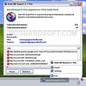 Anti-AD Guard PRO is a banners filter program that blocks ads from being loaded by browsers, ICQ, MSN Messenger, MetaCafe, Kazaa, PalTalk and any other software you want. The product is user-friendly and very simple in use.